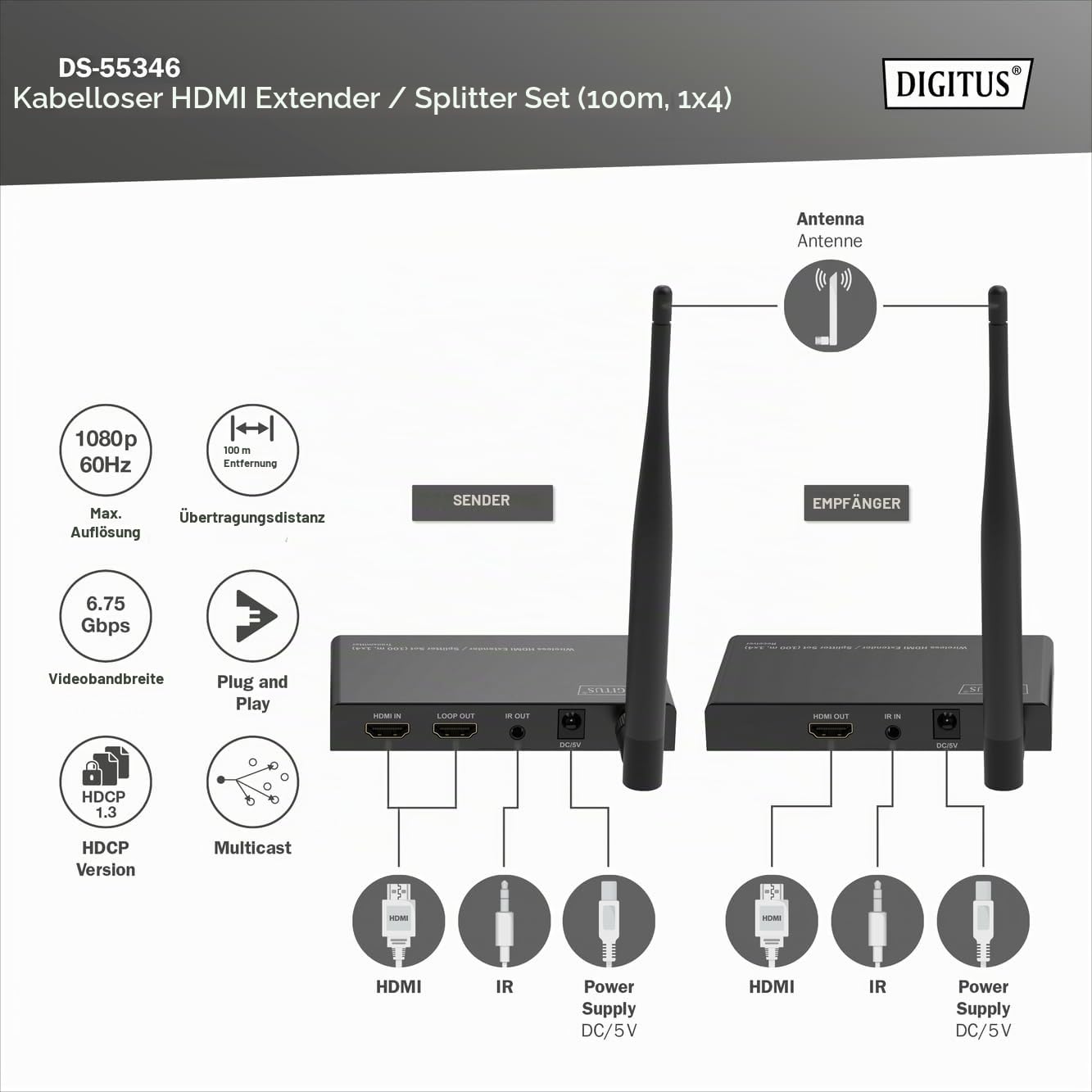 DIGITUS Wireless HDMI Extender Splitter (1x4) – Full HD 1080p 60 Hz | 100 m Reichweite – Set aus Transmitter und Receiver – Loop-Out, IR Infrarot – HDMI 1.4 HDCP 1.3