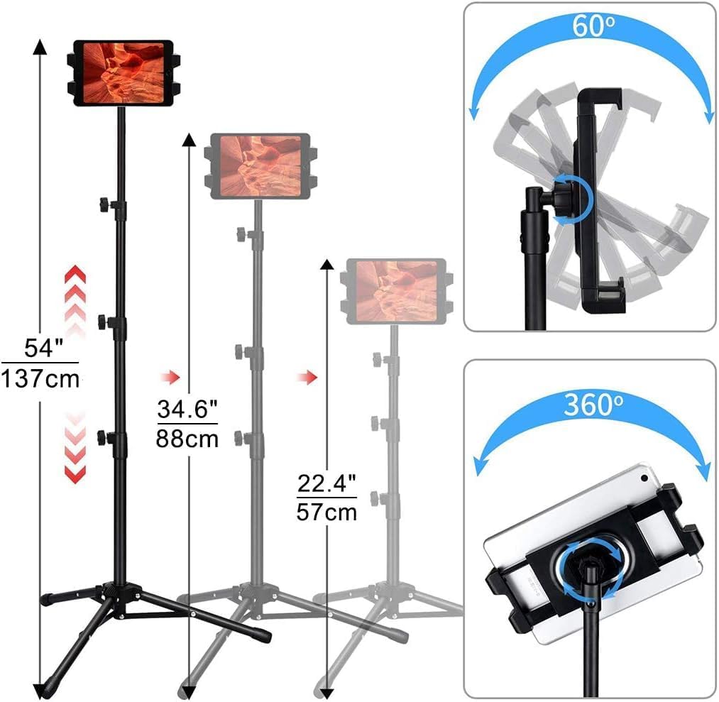 Suporte Tripé para Tablet e Celular, Dois Suportes Ajustáveis 360 Graus, Suporte para Tablet Pedestal, 4,7-12,9", Pedestal para Celular, Compatível para Kindle, Ipad e Celular, Preto
