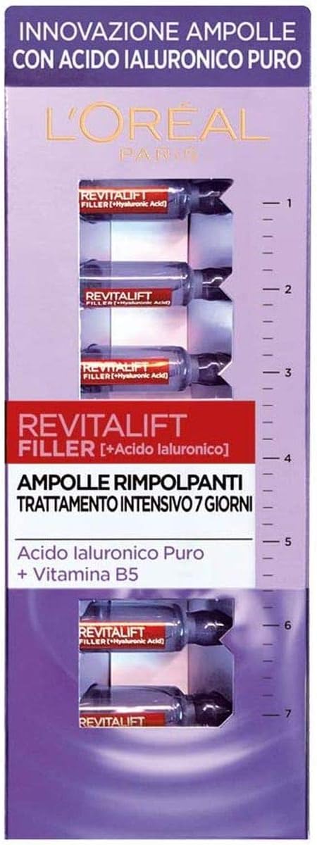 L'Oréal Paris Ampolle Rimpolpanti Revitalift Filler, Azione Antirughe, con Acido Ialuronico Puro 100% Concentrato e Vitamina B5, Trattamento Intensivo 7 Giorni, 7x1 ml