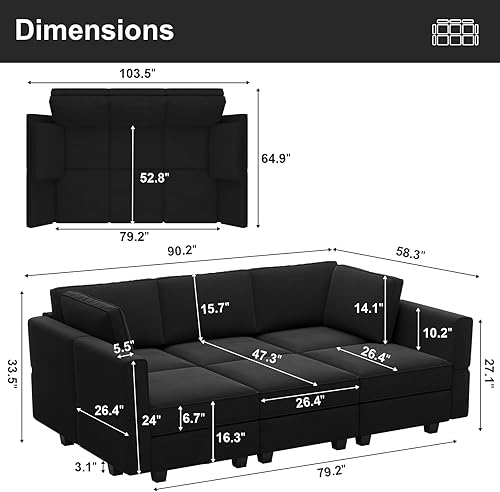 Miniatura 60 de Belffin - Sofá cama modular con otomanas, de terciopelo, reversible y con asiento con almacenamiento, color verde, forma de L-1 Negro