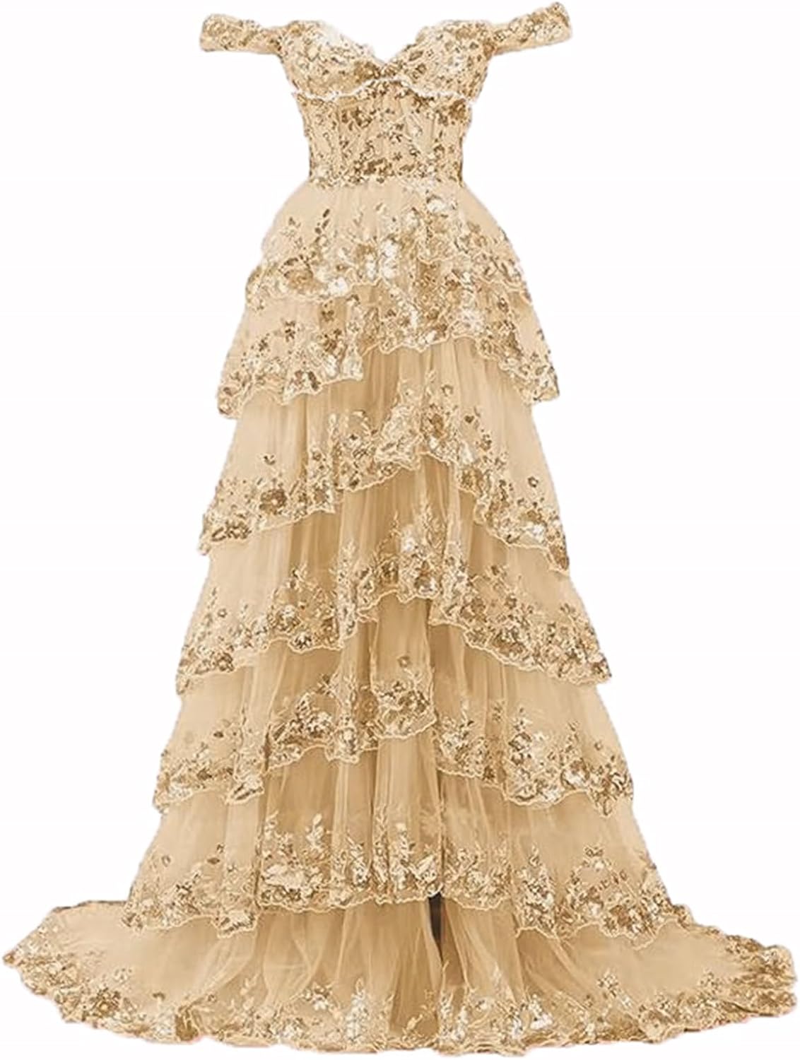 ZHengquan Women's Off The Shoulder Tiered Tulle Prom Dresses Sparkle Sequin Puffy Evening Gowns Long Formal Dress