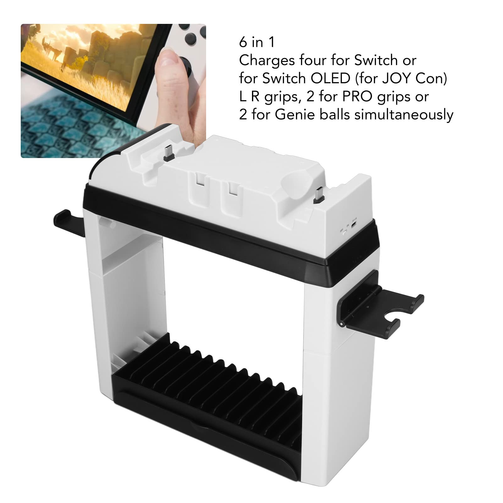 Game Storage Tower 6-in-1 Stazione di ricarica dock di ricarica per Switch, archiviazione universale per videogiochi e controller caricabatterie stand memorizza 15 dischi di gioco o Blu-Ray