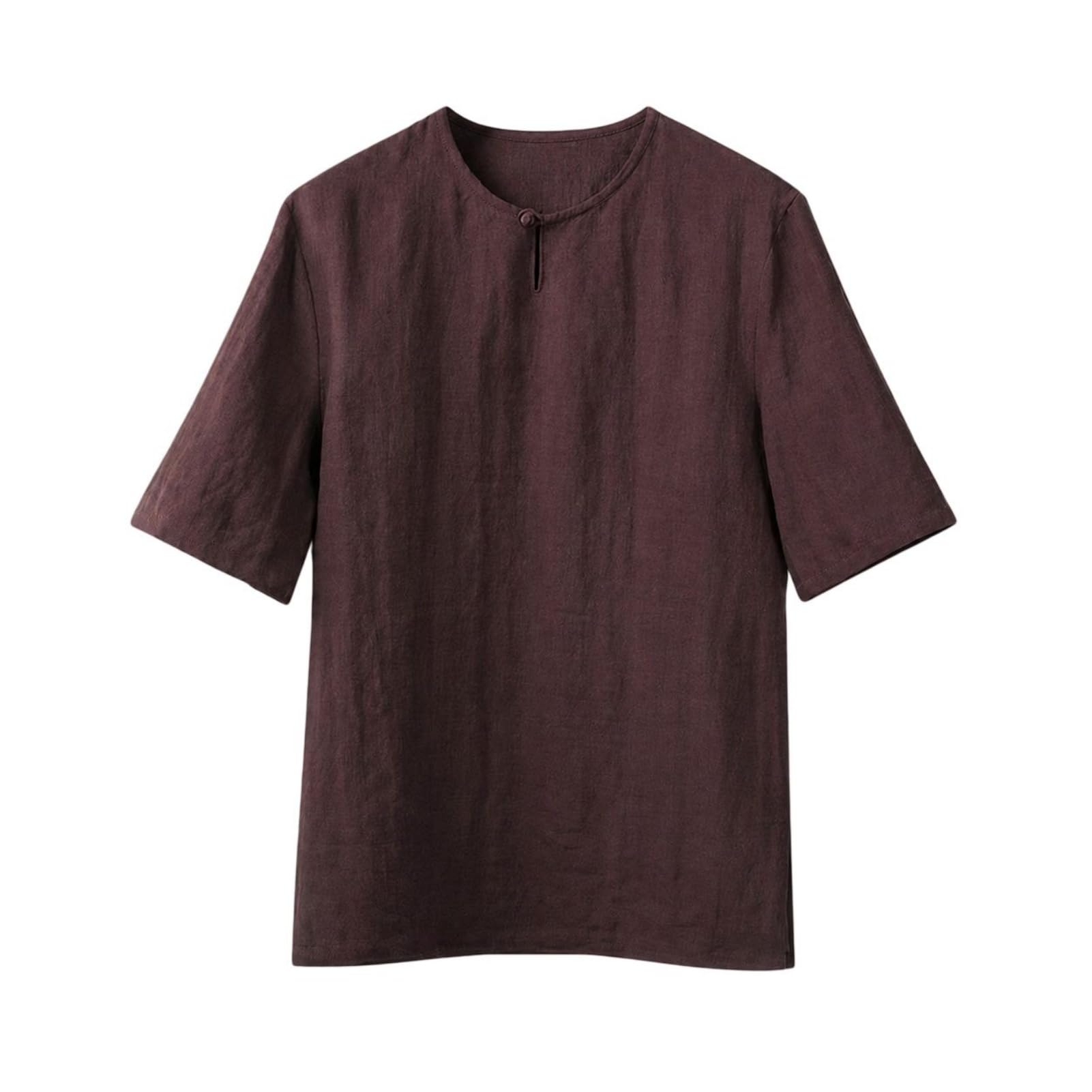 Camiseta de manga corta para hombre, estilo chino, cuello redondo, mezcla de lino y algodón, ajuste holgado, para vacaciones, uso diario e informal