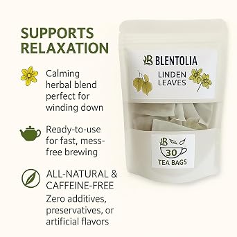 Blentolia Linden Leaves Herbal Tea 100% Natural Linden Flower & Leaf Caffeine-Free, Soothing & Aromatic 30 Tea Bags