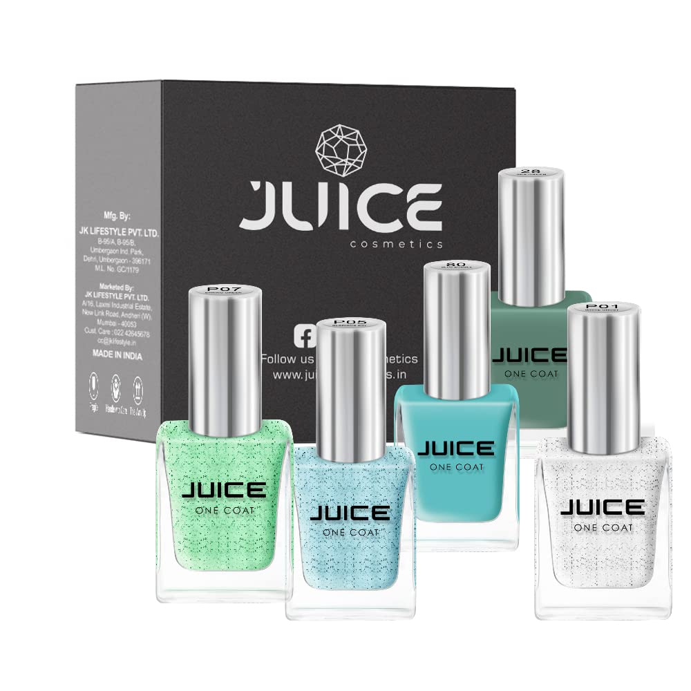 JUICE | ONE COAT | NAIL PAINT COMBO | GHOST WHITE - P01, GLORIOUS SKY - P05, SPRING GREEN - P07, SEA GREEN - 28, BLUE BUBBLE - 80 | LONG LASTING | 11ML EACH | PACK OF 5