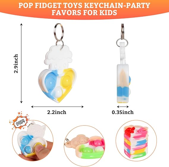 30 Packs Valentine Students Gifts and Party Favors, Small Animal Hearts mini Pop Keychain,Fidget Toys With Exchange Greeting Card