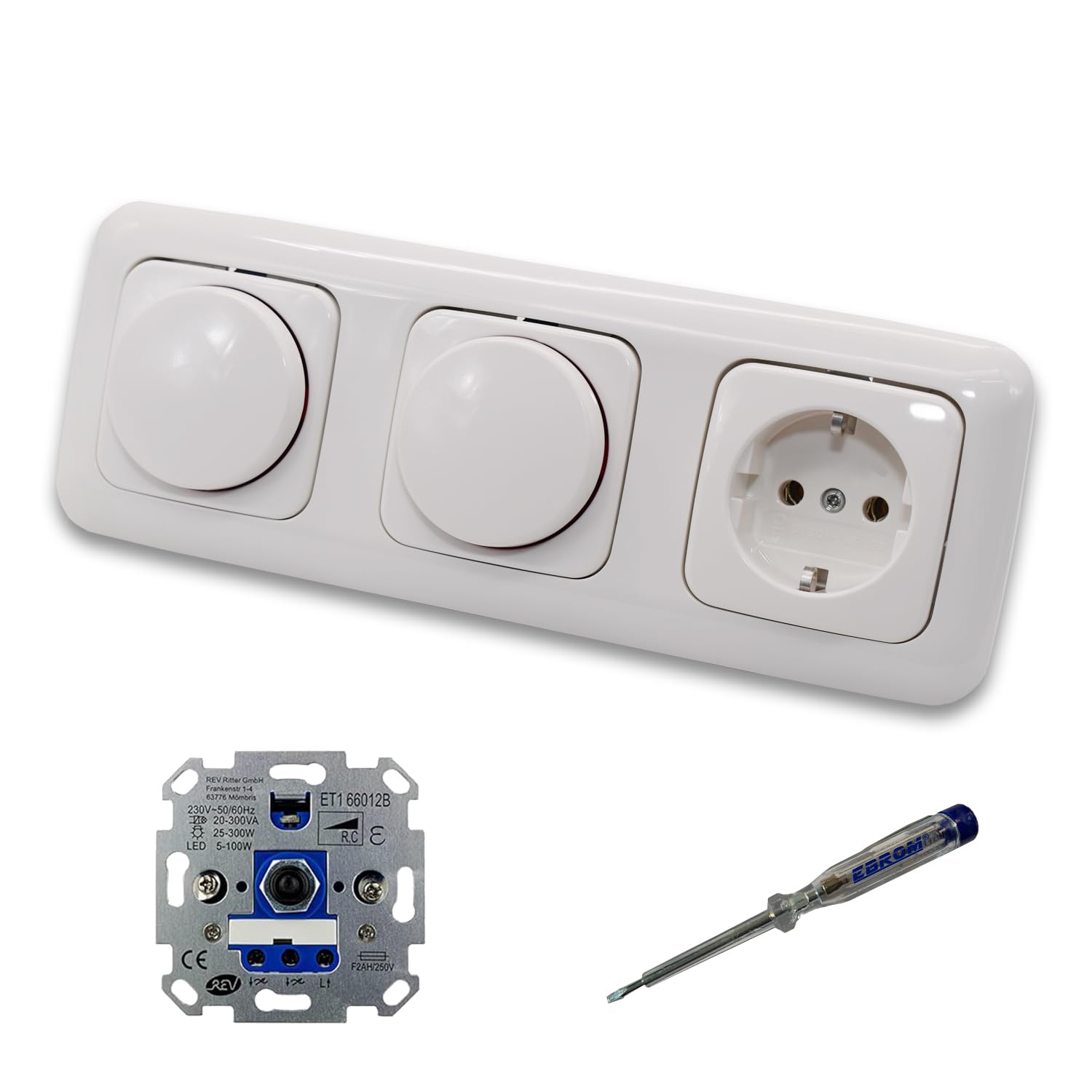 REV Ritter (2 x) LED Drehdimmer Dimmer + Busch Jäger Dimmerscheiben 2115-214 und Steckdose 20EUC-214 in Reflex Si alpinweiß glänzend inklusive EBROM Phasenprüfer zur Montage der Geräte ET1 66012B