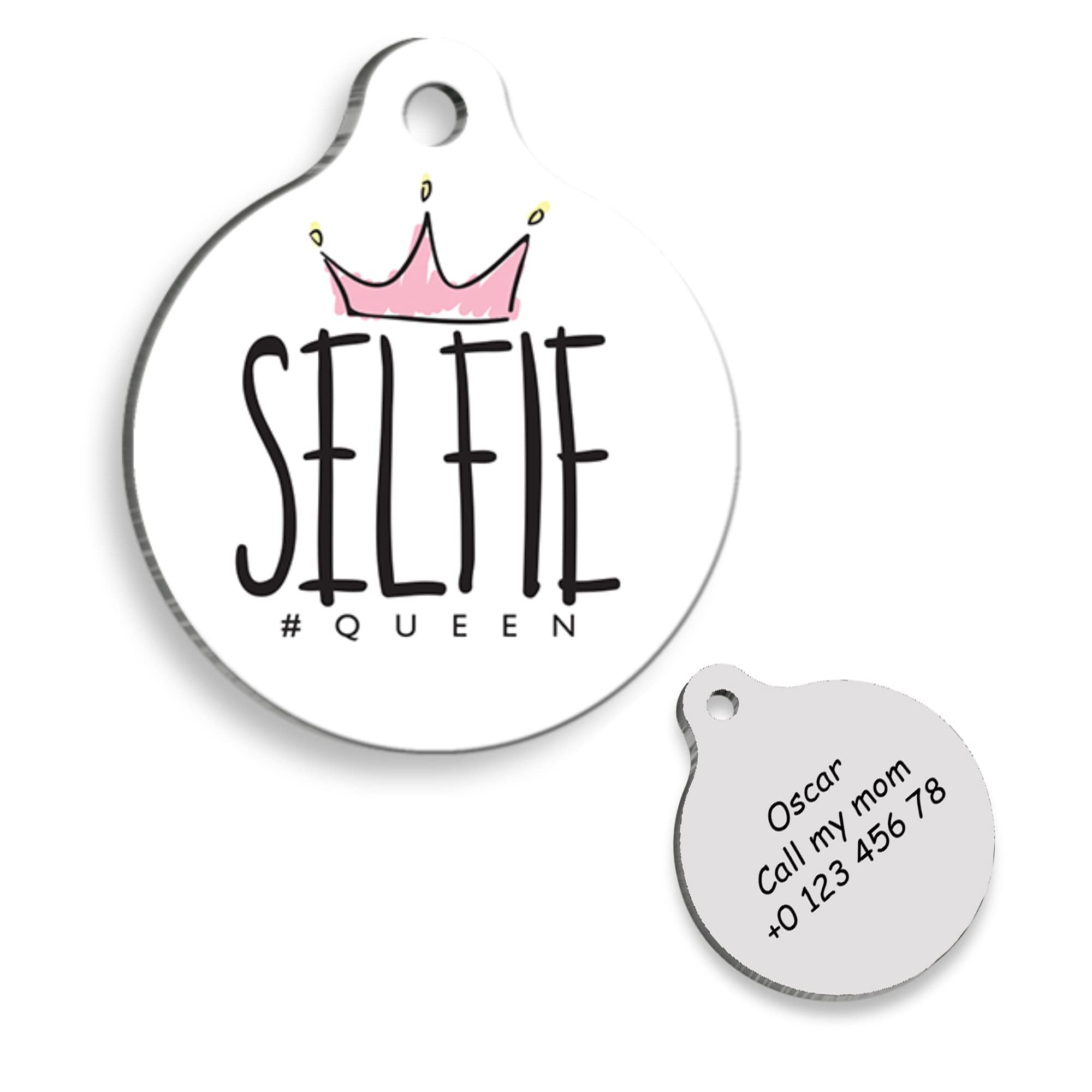 SELFIE QUEEN Pink Personalized Dog Tag - Custom Name Tag - ID Tag for Dog & Cat - Customized Pet Tags - Dog & Cat Name id Tag - Dog Name Tag - Engraved Dog Tag