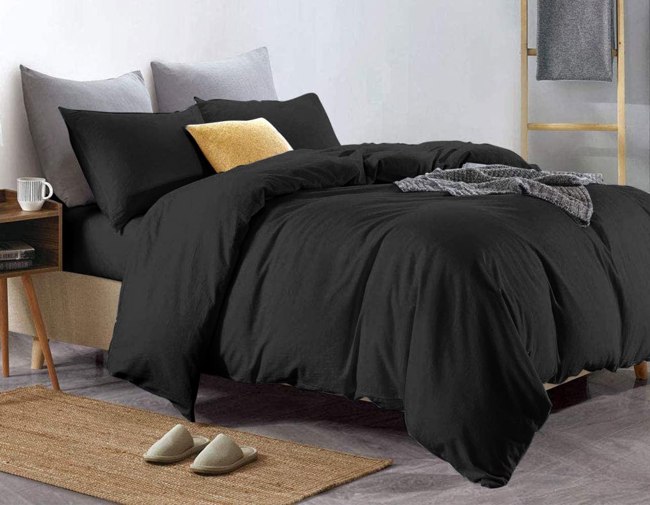 Set copripiumino king size in 100% puro cotone (cotone egiziano) in tinta unita nero – include copripiumino, lenzuolo con angoli e federe