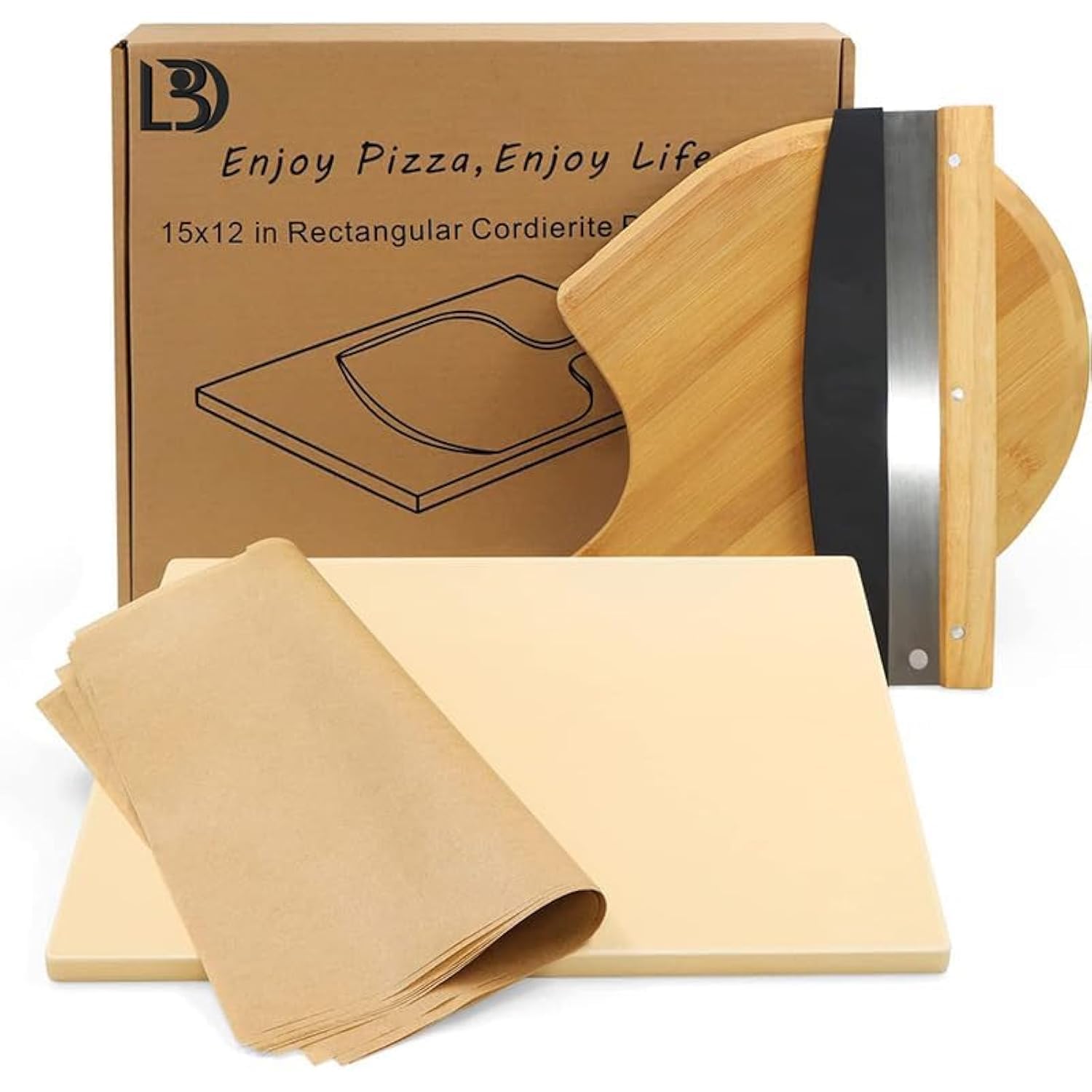 15" x 12" Pizza Stone Set (4-Piece), Cordierite Baking Stone for Oven & Grill, Includes Bamboo Peel, Cutter & 10 Parchment Papers, for Crispy Crust Pizza, Bread