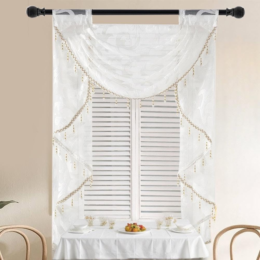 Sheer Waterfall Valances for Windows Swags Waterfall Valance Beaded Toppers Window Curtains for Living Room Tassel Valances for Kitchen White 60"x48" Inch(2 Swags)