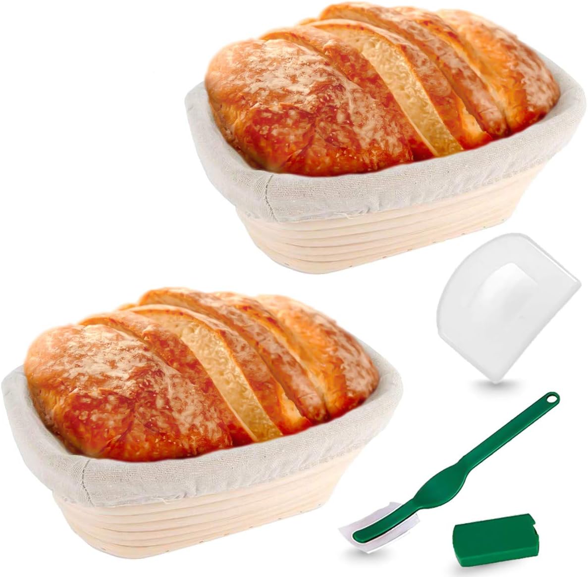 Gucilaly 10 Inch Oval Bread Proofing Basket Includes Linen Liner, Dough Scraper and Bread Lame Rising Dough Baking Bowl Gifts for Professional & Home Bakers(2 Set) (2pack Oval)