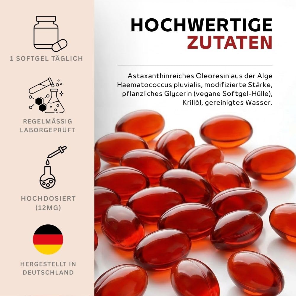 marble® Astaxanthin 12 mg + Krillöl, 120 Softgel-Kapseln – 4 Monatsvorrat – Astaxanthin hochdosiert aus Haematococcus Pluvialis Alge – laborgeprüft, Made in Germany – 30 Tage risikofrei testen