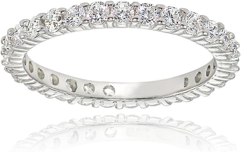 Hoops & Loops 925 Sterling Silver Cubic Zirconia 2mm Round-cut Eternity Wedding Bridal Anniversary Band Ring for Women, Silver, Yellow & Rose Gold