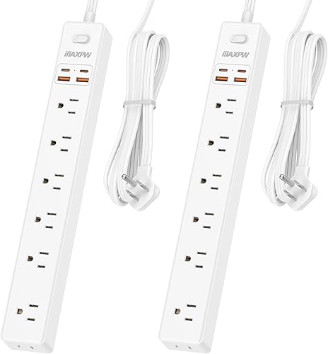 Paquete de 2 regletas protectoras de sobretensión, 7 tomacorrientes, 4 puertos USB (2 USB C), cable de extensión de enchufe plano ultrafino de 6