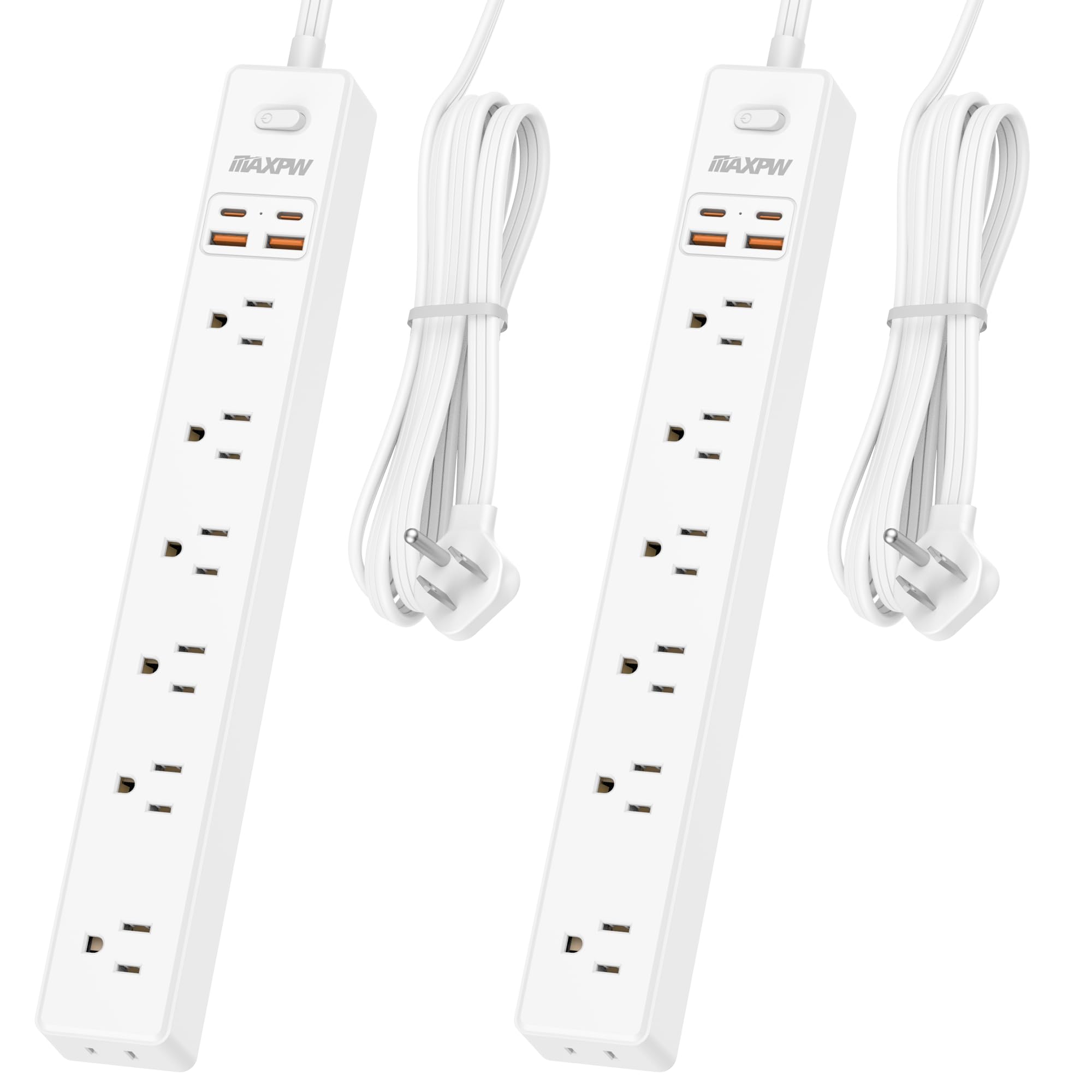 2 Pack Power Strip Surge Protector - 7 Outlets 4 USB Ports (2 USB C), 6 Ft Ultra Thin Flat Plug Extension Cord, 1875W/15A, 1700 Joules, Wall Mount for Home Office Dorm, White