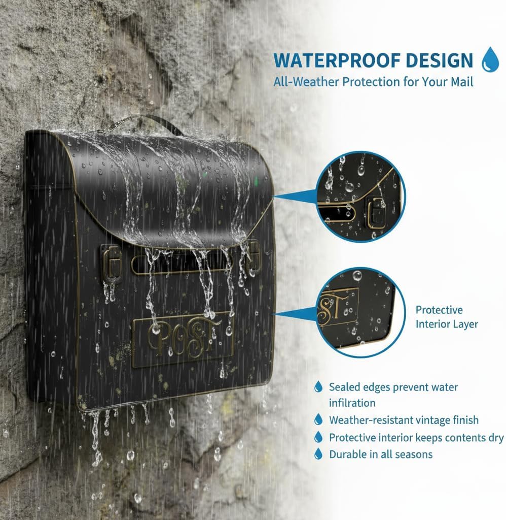 Wall-Mounted Mailbox with Newspaper Holder, Waterproof & Rust-Proof Galvanized Steel, Large Capacity for Outdoor Use, 13.82 x 12.8 x 4.17 Inch-Black