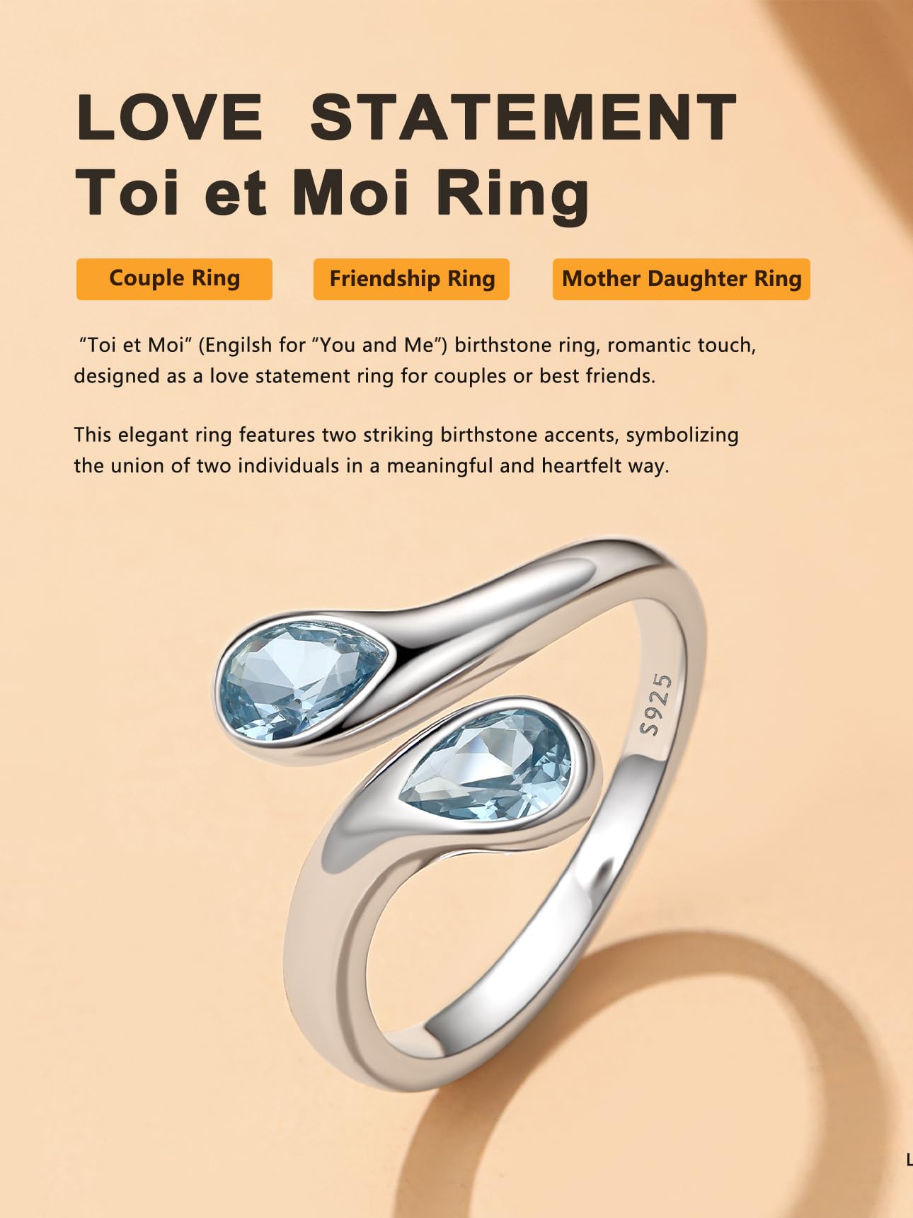 Bestyle Anillos Mujer Anillo Gotas de Agua Anillos Plata de Ley 925 Anillo Ajustable Abierto Anillo con Piedra Nacimiento Anillos de Compromiso Boda Alianzas