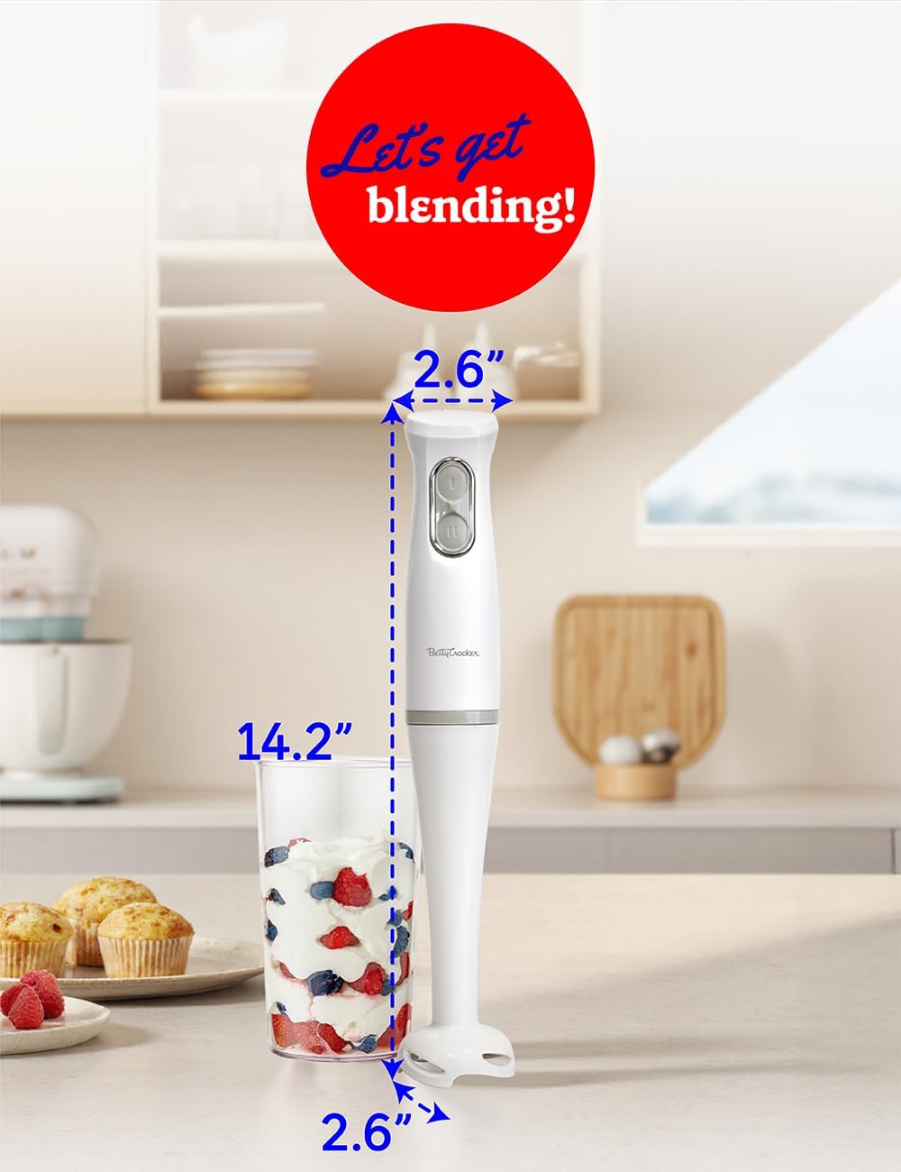 Betty Crocker 2-Speed Hand Blender with 20-Ounce Mixing Beaker, Immersion Blender, 300W Motor 450W Peak Power, Soft-Touch Pulse Control, Stainless Steel Blade, BPA Free, BC-4307W, White