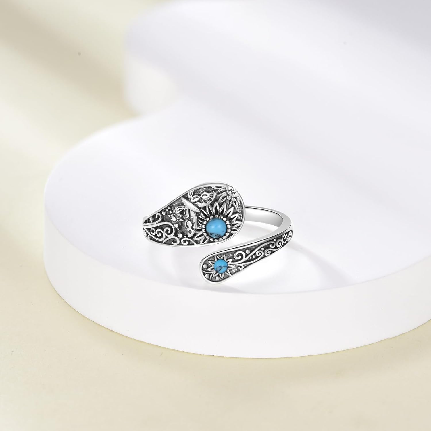 Sunflower/Butterfly Spoon Ring Women Adjustable 925 Sterling Silver Turquoise Vintage Boho Jewelry - Image 5