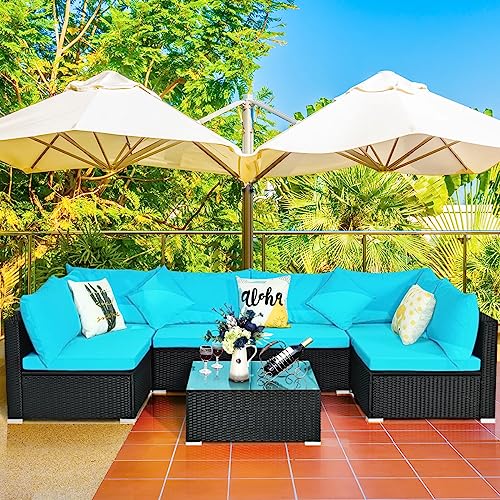 Image of DEVOKO 5 Pieces Outdoor Patio Furniture Wicker Sectional Sofa All-Weather HDPE Rattan Conversation Sets for Garden, Poolside, Porch (Turquoise Blue & Black)