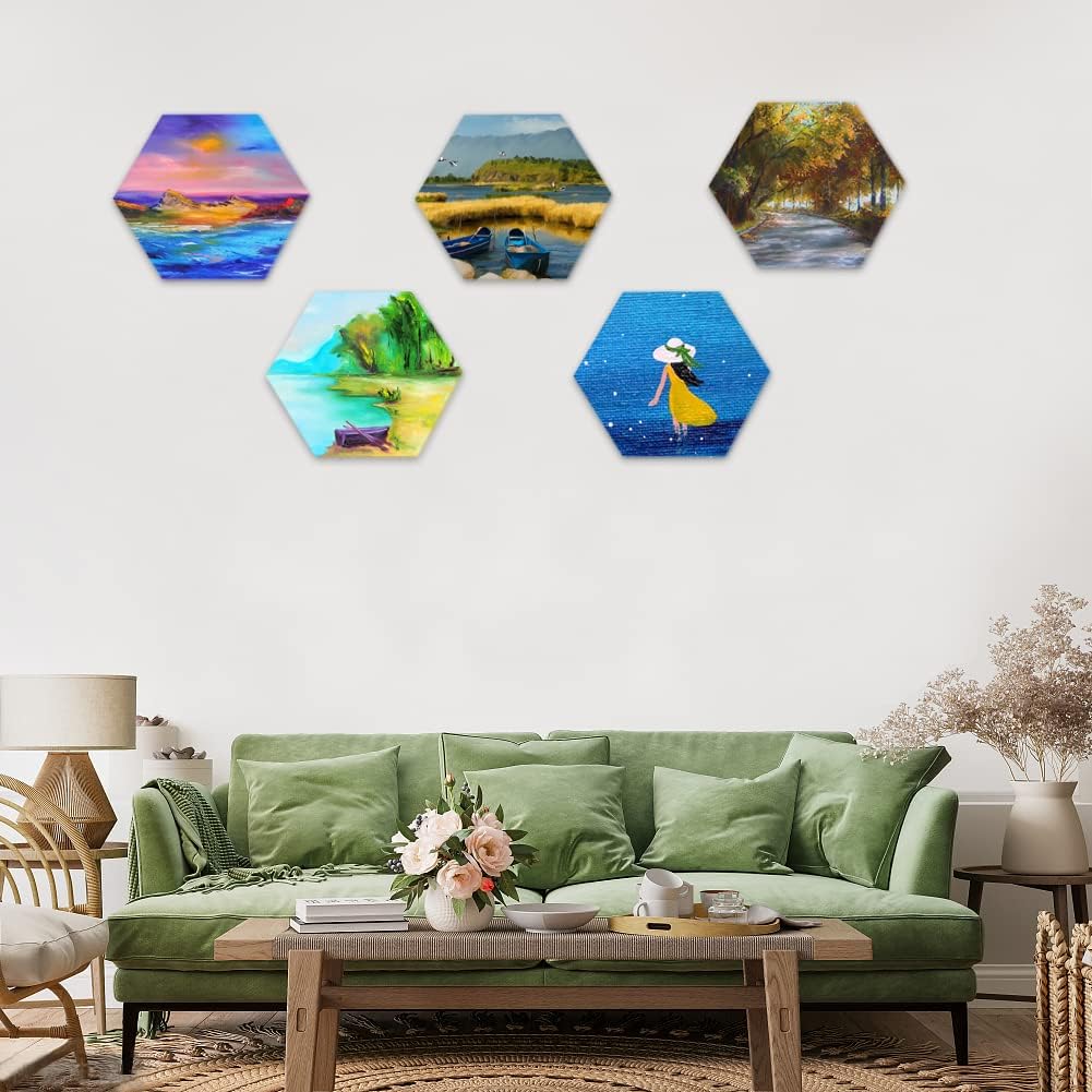 yazi Hexagon Canvas Boards for Painting,5 Packs 12in Stretched Boards Acrylic Painting Carved Decoration Boards, Art Kit DIY Gift for Adults