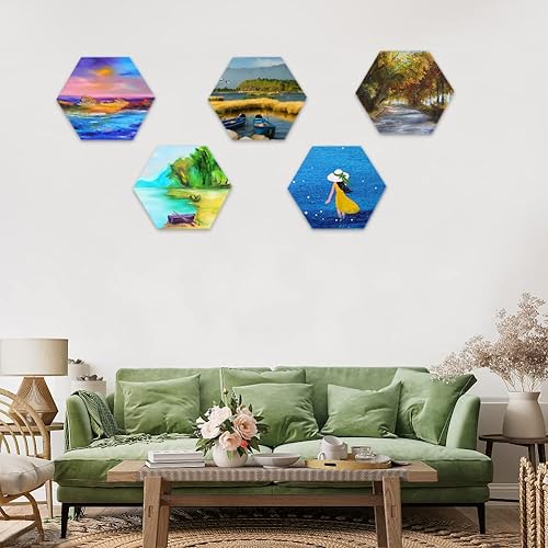 Miniatura 7 de yazi Tableros de lienzo hexagonales para pintar, 5 paquetes de tablas estiradas de 12 pulgadas, pintura acrílica, tableros de decoración tallados,