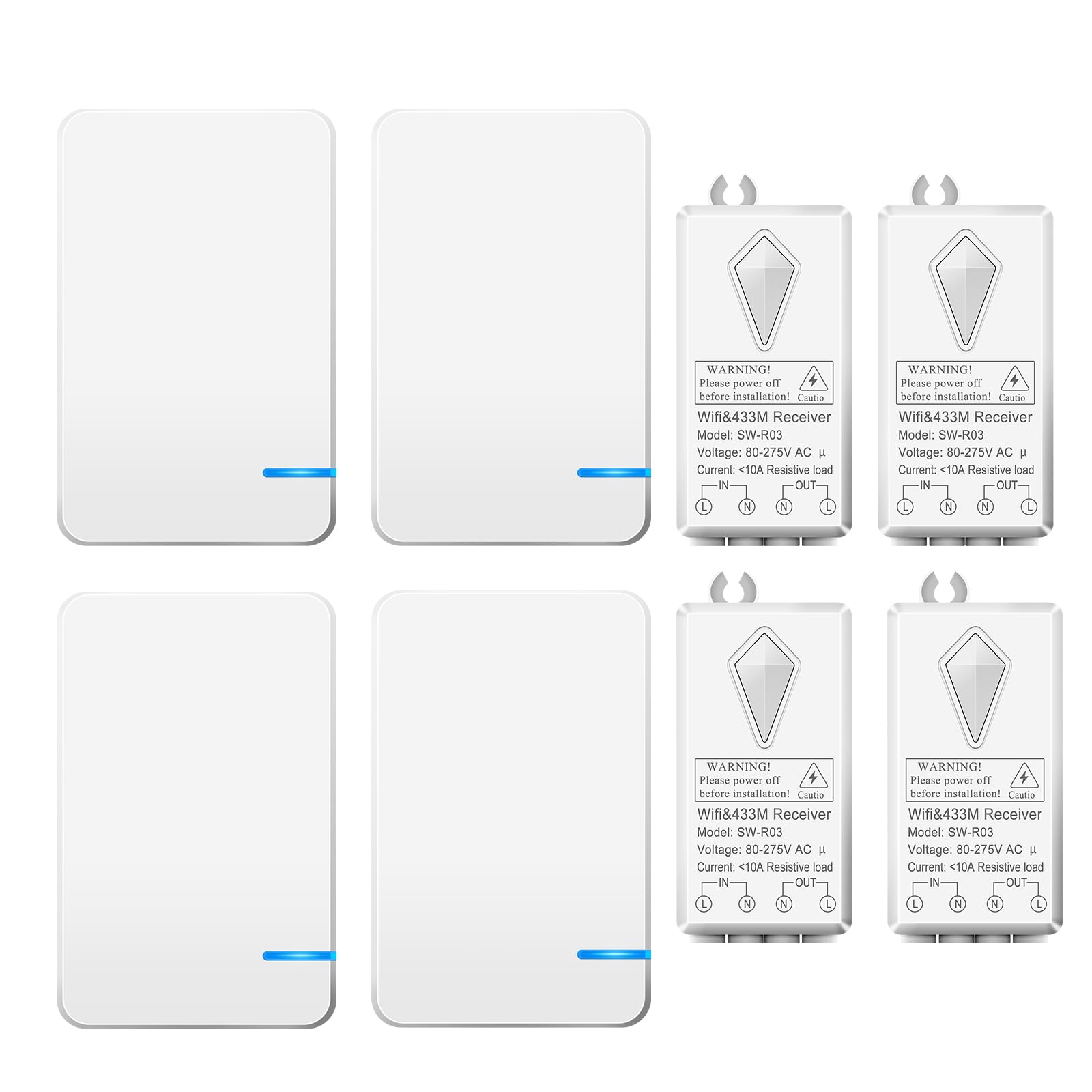 4Stück Kabelloses Lichtschalter-Set WiFi, Mini Switch WiFi Empfänger-Kit, Keine Verkabelung Sprachsteuerung Timing-Funktion IP66 Wasserdicht, Kompatibel mit Alexa Google Assistant Tuya Smart Life APP
