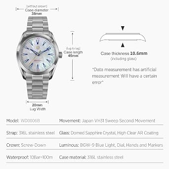 watchdives VH31 Quartz Watch WD0006 Stainless Steel Wrist Watch 38mm Arched Sapphire Glass Luxury Watches 100M Waterproof