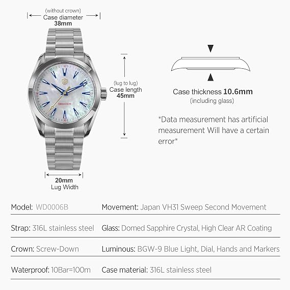 watchdives VH31 Quartz Watch WD0006 Stainless Steel Wrist Watch 38mm Arched Sapphire Glass Luxury Watches 100M Waterproof