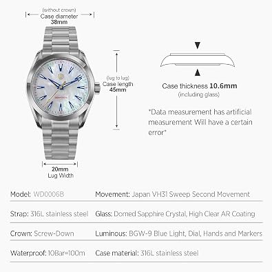 watchdives VH31 Quartz Watch, WD0006 Stainless Steel Wristwatch 38mm Domed Sapphire Crystal Luxury Watches Sweep Wrist Watch for Men 100M Waterproof