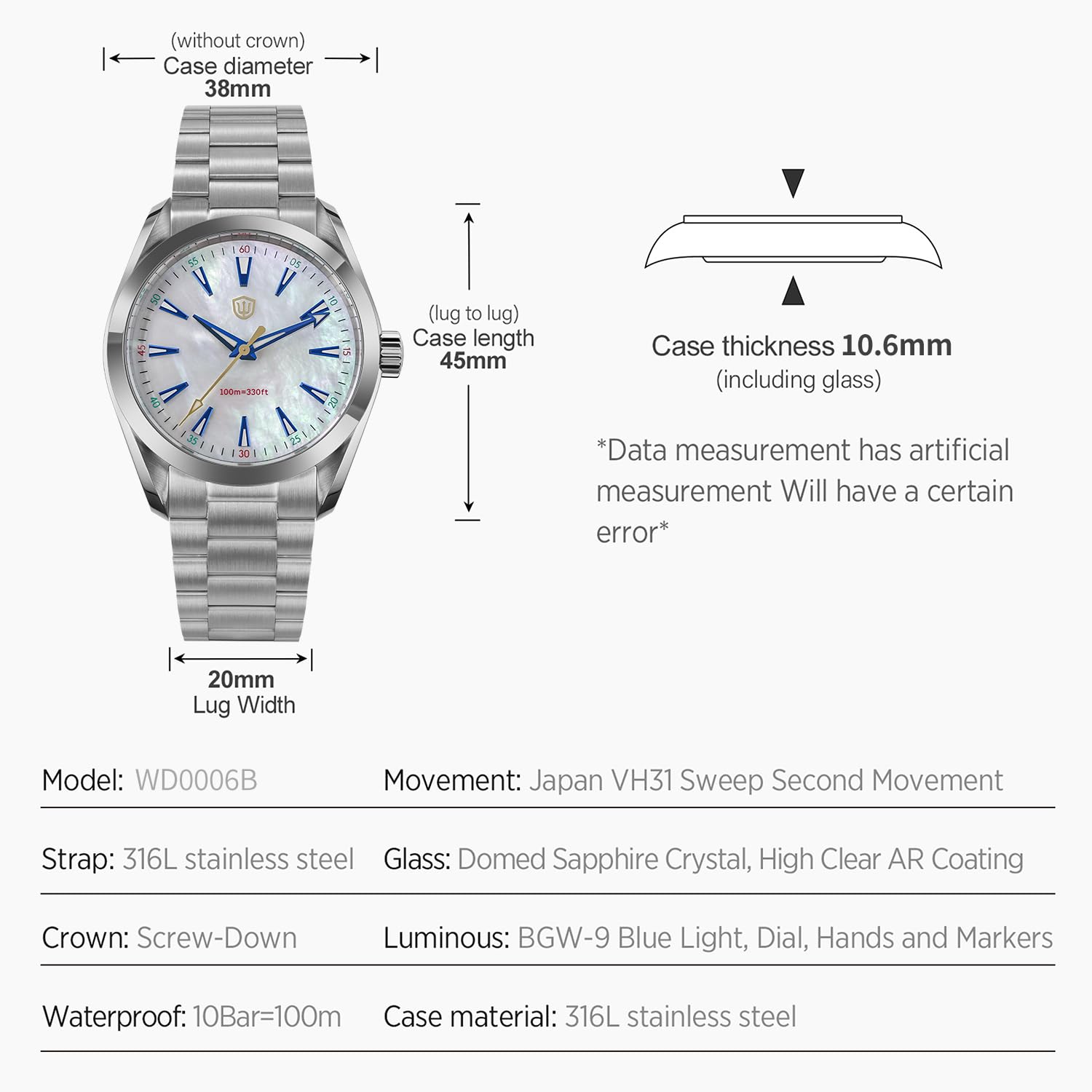 watchdives VH31 Quarzuhr, WD0006 Edelstahl-Armbanduhr 38mm Gewölbtes Saphirglas Luxusuhren 100M Wasserdicht
