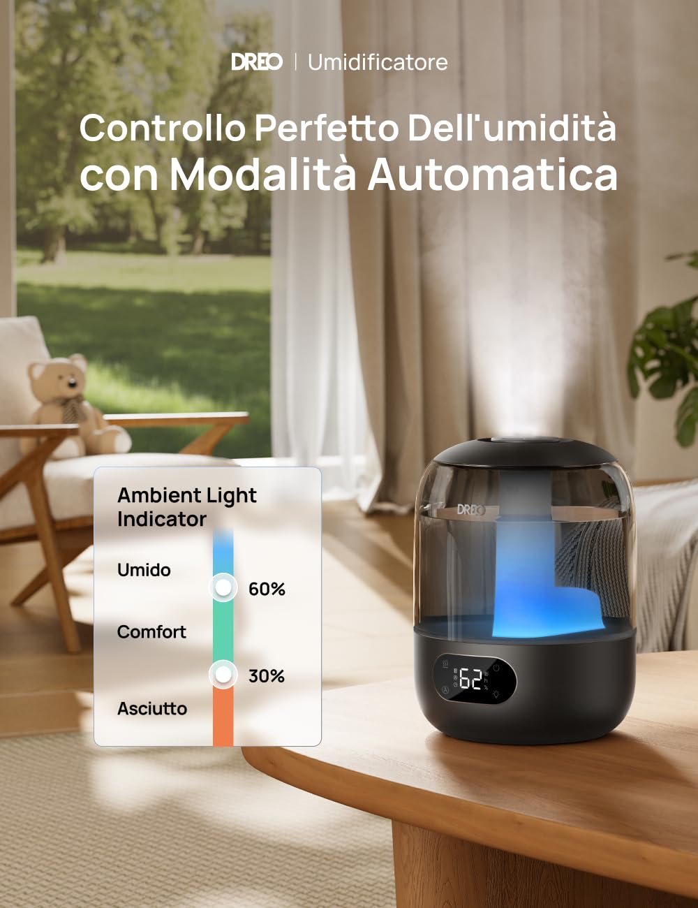 Dreo 3L Umidificatore Ambiente Bambini Silenzioso 26dB, Ultrasuoni Nebbia Fresca, Ugello 360°, 30h Autonomia, Diffusore Oli Essenziali, Luce Ambientale, per Casa e Piante, Nero