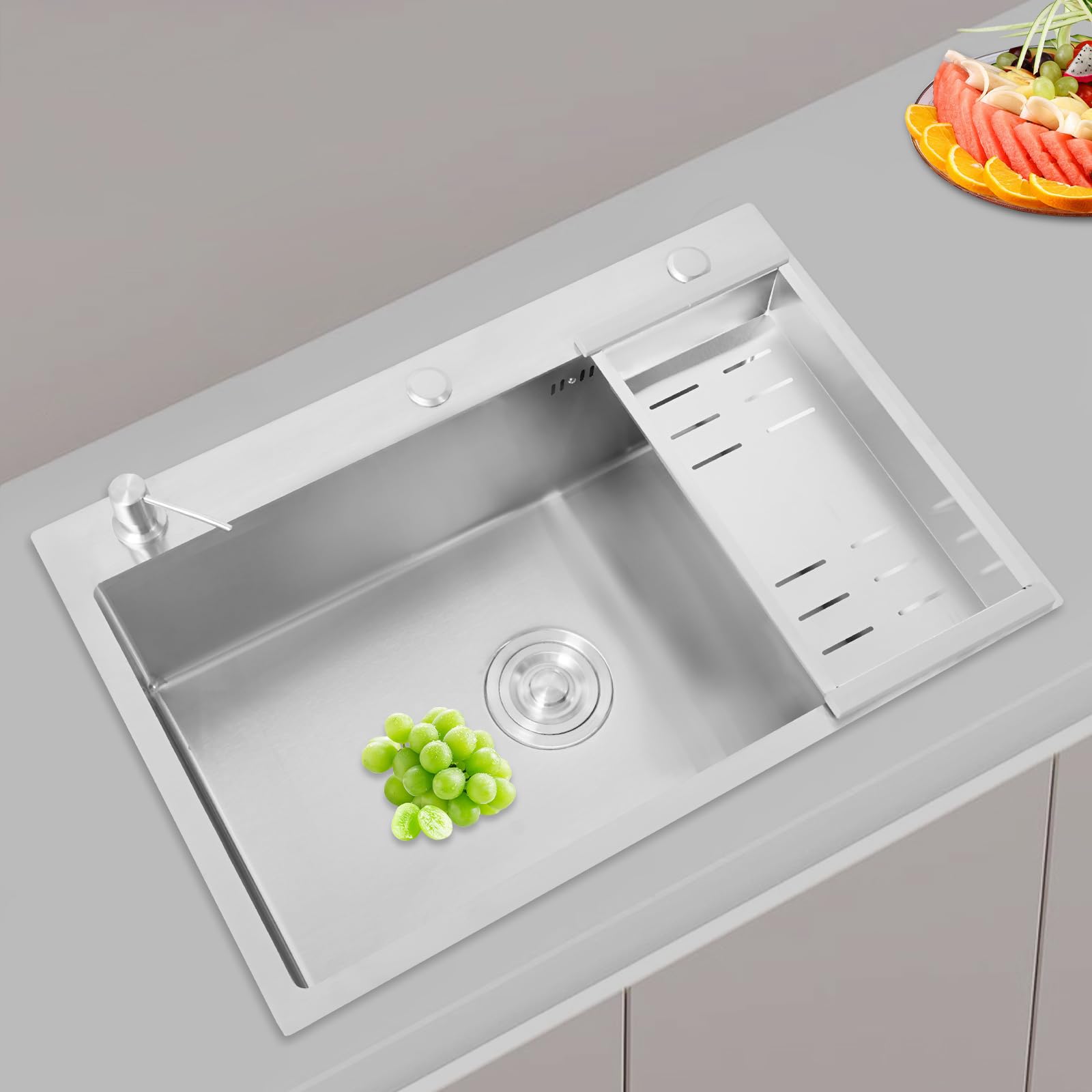 Fregadero de acero inoxidable empotrable con fregadero de acero inoxidable con escurridor en forma de V, fregadero de cocina, fregadero de cocina con dispensador de jabón, cesta de desagüe 68 x