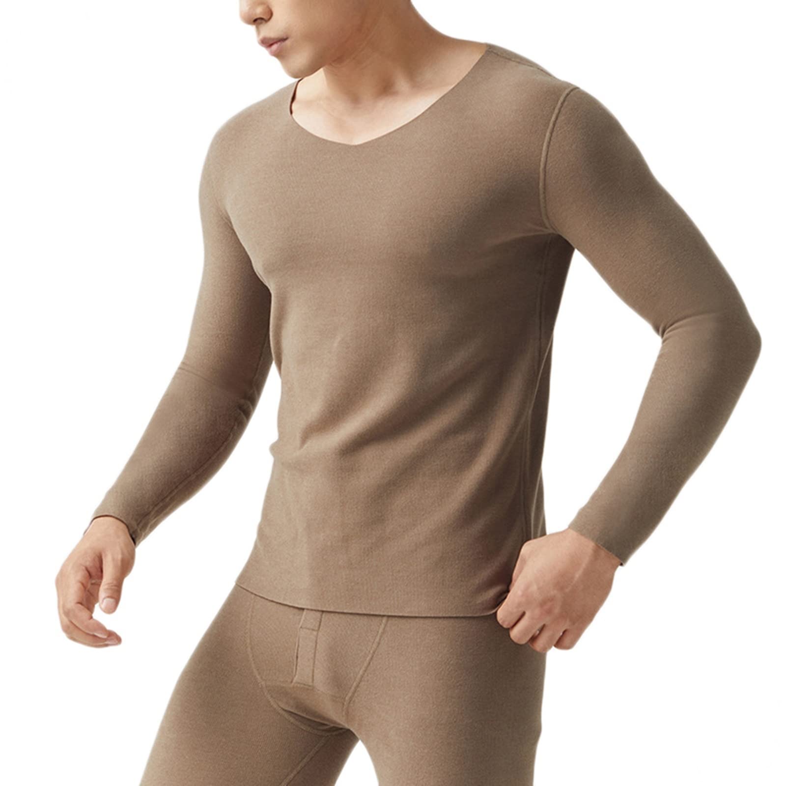 Dsnyu Thermal Underwear Top Men, Polyester V Neck Inner Thermal Wear Top, Light Brown Inner Thermal Wear Top XL
