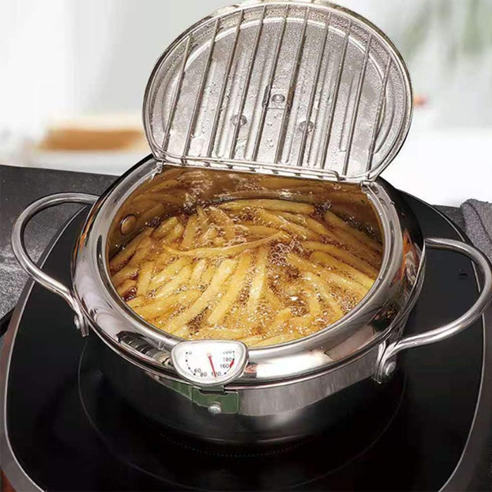 WSHA Tempura Deep Fryer Pot Japanese Style Frying Pan with Thermometer and Oil Drip Rack Lid, Stainless Steel Uncoated Frying Pan for Kitchen French Fries, Fish and Shrimp