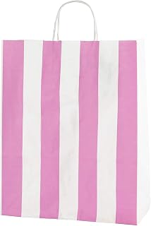 Thepaperbagstore 50 Bolsas De Papel De Colores, Reciclables Y Reutilizables, con Asas Retorcidas, Rayas Blancas y Rosas - Mediana 250x110x310mm