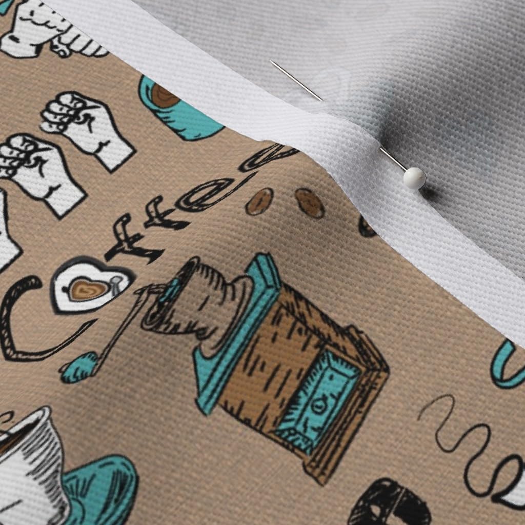 Spoonflower Fabric - Coffee Sign Tan Black Turquoise Mugs American Language Brown Latte Printed on Denim Fabric by The Yard - Bottomweight Apparel Home Decor Upholstery