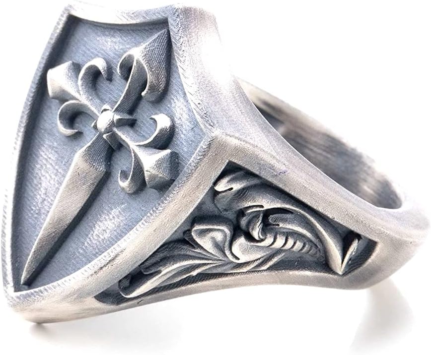 Santiago Cross Orden Signet Ring, 925K Silver Custom Christian Ring, 0.037-0.041 lbs, 0,98 x 0,78 Inch, Fleur De Lis Heraldic Wedding Band, Promise Ring, Cross Amulet Ring