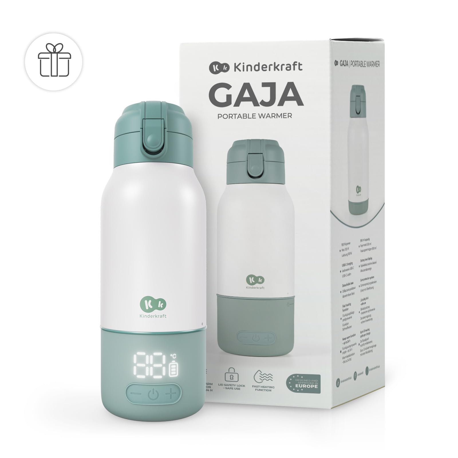 Kinderkraft GAJA scaldabiberon portatile e thermos 2 in 1 500 ml, 5 livelli di temperatura 37–55°C, batteria rimovibile, mantiene il calore fino a 20 h, ricarica USB-C, Verde