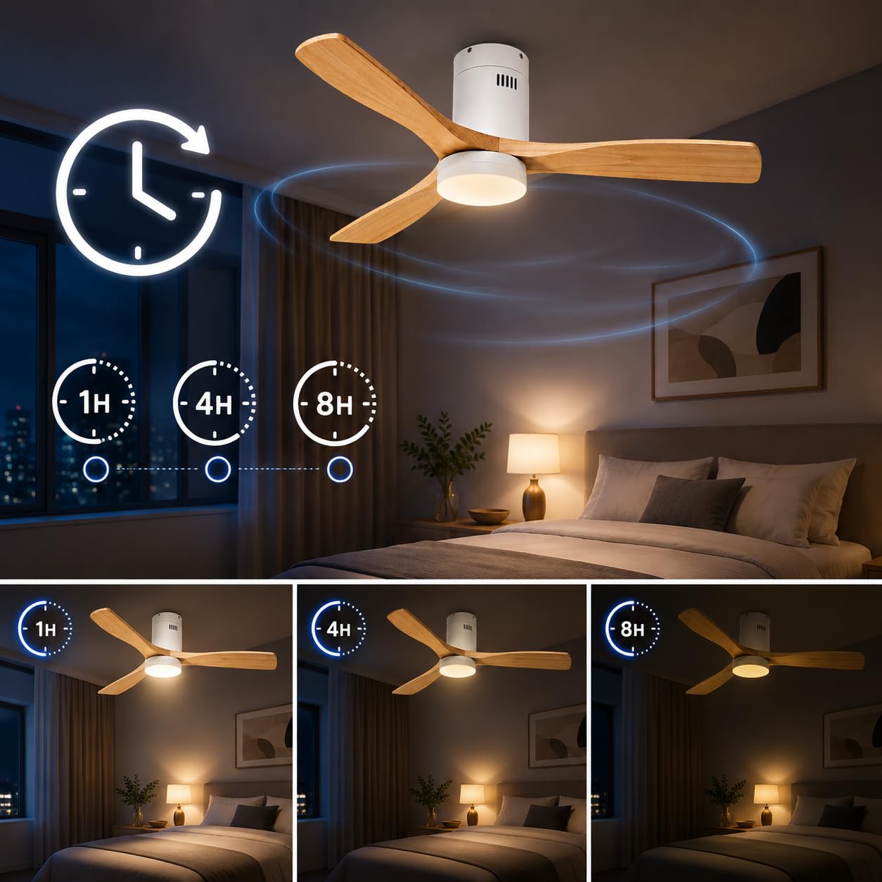 M Ledme - Wentylator sufitowy LED Energy 58 W, biały, pilot zdalnego sterowania, silnik prądu stałego 40 W + światło LED 18 W, 6 prędkości, cicha, 3 łopatki z naturalnego drewna, 132 cm, funkcja