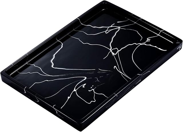 Fun Lites Vanity Tray, Marble Design Cosmetic Tray Rectangle Resin Jewelry Tray, Trinket Plate Bathroom Tray Toilet Tank Storage Organizer for Ring Perfume Dish Tissue Soap Candle-Large Size-Black