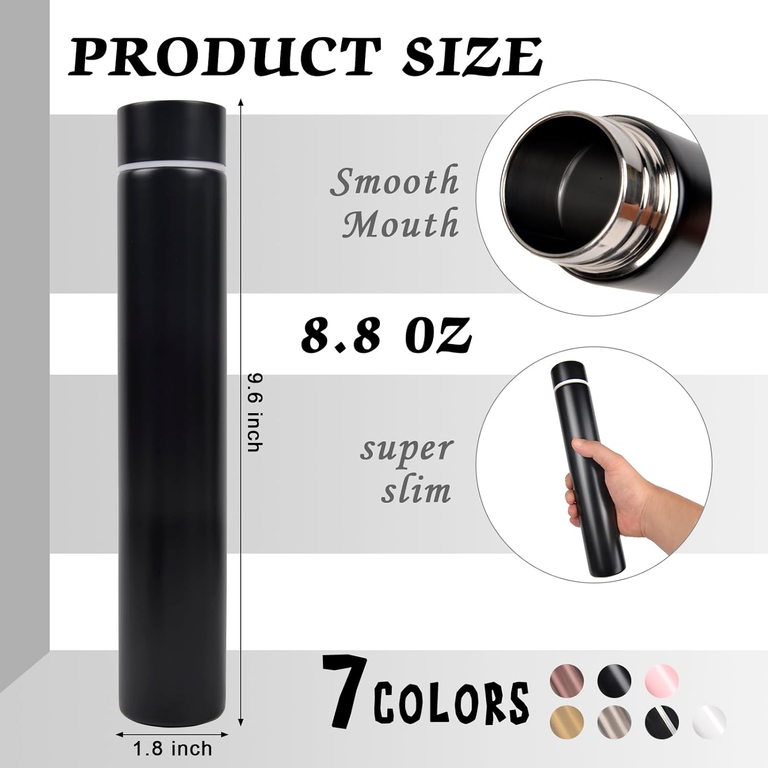 ChezMax Slim Thin Stainless Steel Vacuum Insulated Water Bottle Leak Proof Eco-Friendly Travel Cup Sports Drink Bottle 8.8OZ Black - Image 2