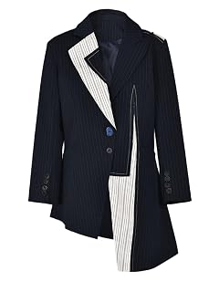 Women Blue Striped Irregular Blazer Lapel Long Sleeve Loose Fit Jacket