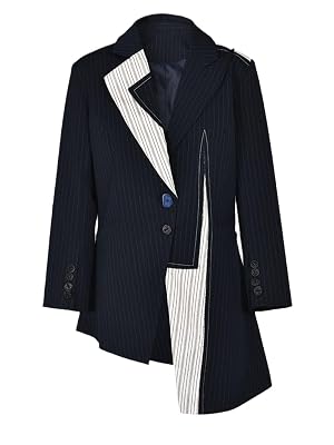 Women Blue Striped Irregular Blazer Lapel Long Sleeve Loose Fit Jacket