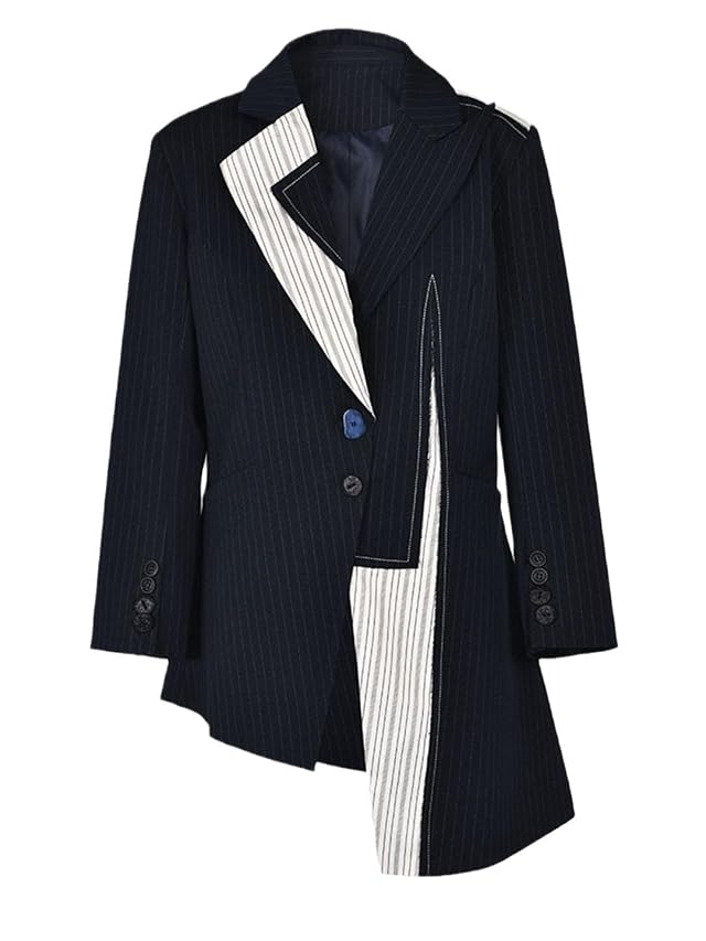 Women Blue Striped Irregular Blazer Lapel Long Sleeve Loose Fit Jacket