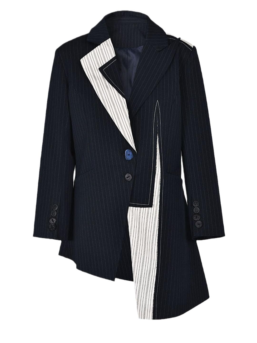 Women Blue Striped Irregular Blazer Lapel Long Sleeve Loose Fit Jacket