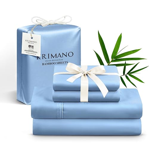 KRIMANO Bamboo Viscose Sheet Set Queen Size, Cooling Sheets Bed Set 4pcs | 100% Organic Viscose Derived from Bamboo, Hotel Luxury Silky& Breathable for Hot Sleepers, Deep Pocket Up to 17", Light Blue - Light Blue - Queen