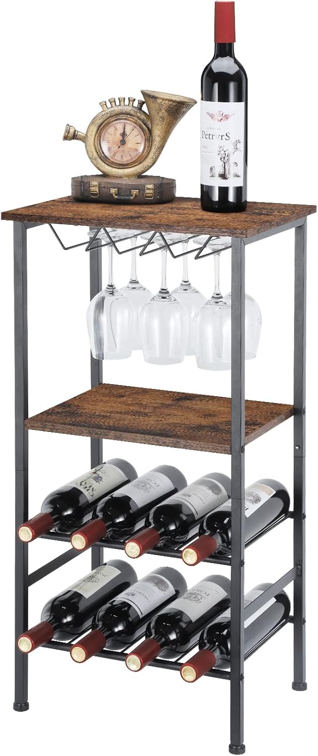 NANANARDOSO Wine Rack, Wine Table with GlassBottle Holder, Wine Holder Stand with Metal and Wood for Home, Floor Liquor Wine Cabinet Storage for Bar Kitchen Dining