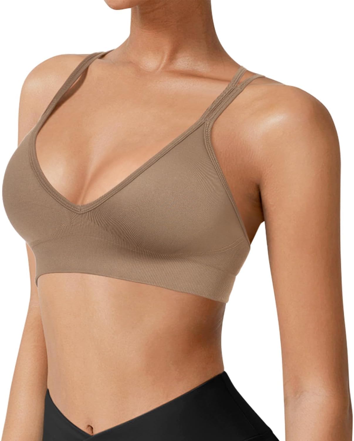 VEQING Seamless V-Neck Women Sports Bras, Padded Cross Back Wireless Low Impact Workout Yoga Bras for Small Chests, 3 Pack - Image 4